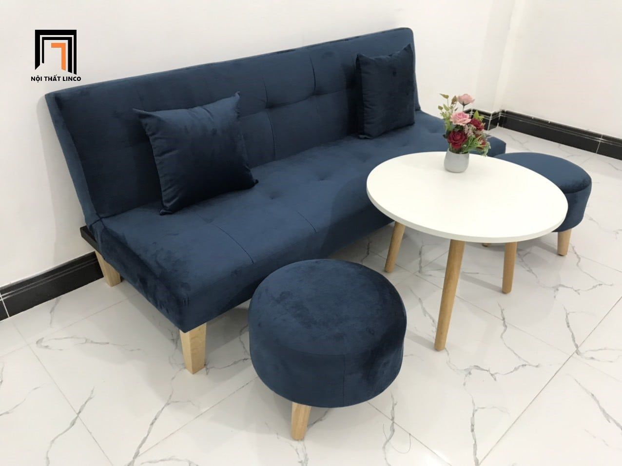  Bộ ghế sofa giường bed 1m7 GBL1 xanh đậm vải nhung nhỏ gọn 