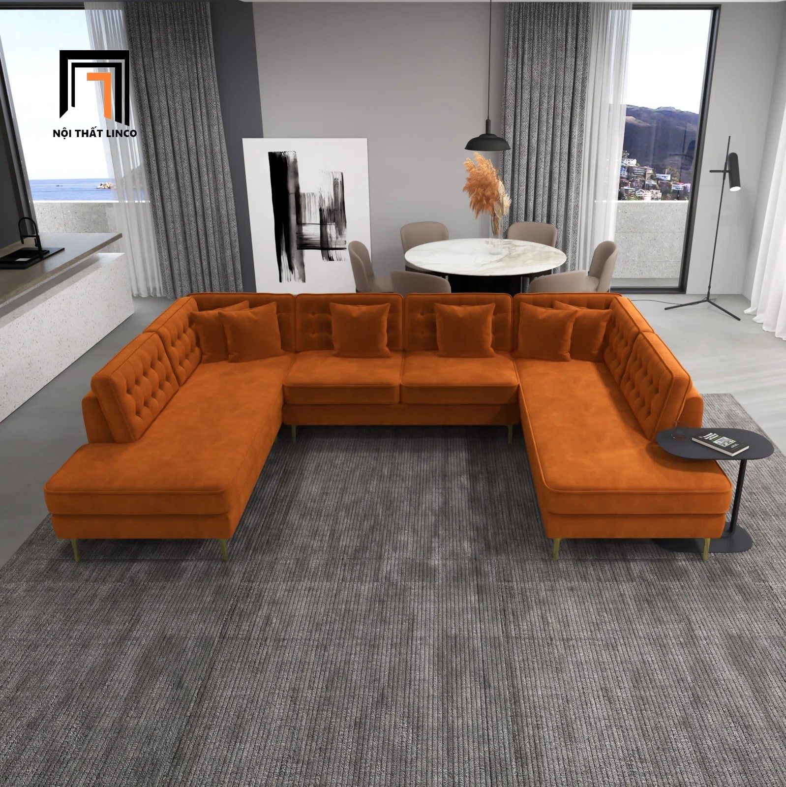  Ghế sofa chữ U UT19 Tyne 3m2 màu cam cao cấp 