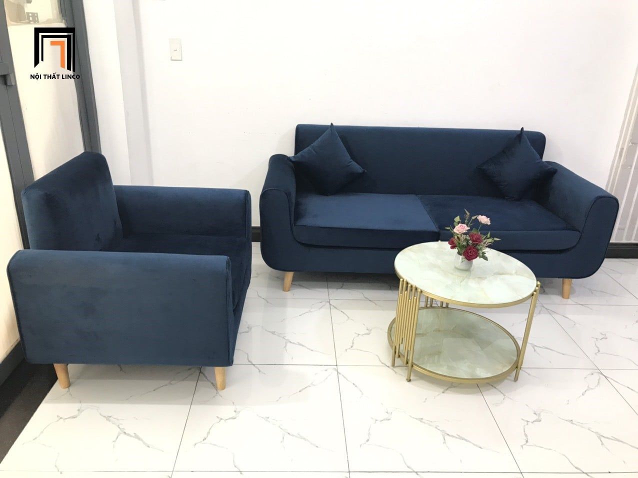  Bộ ghế sofa văn phòng làm việc KL1 Presa vải nhung xanh đậm 