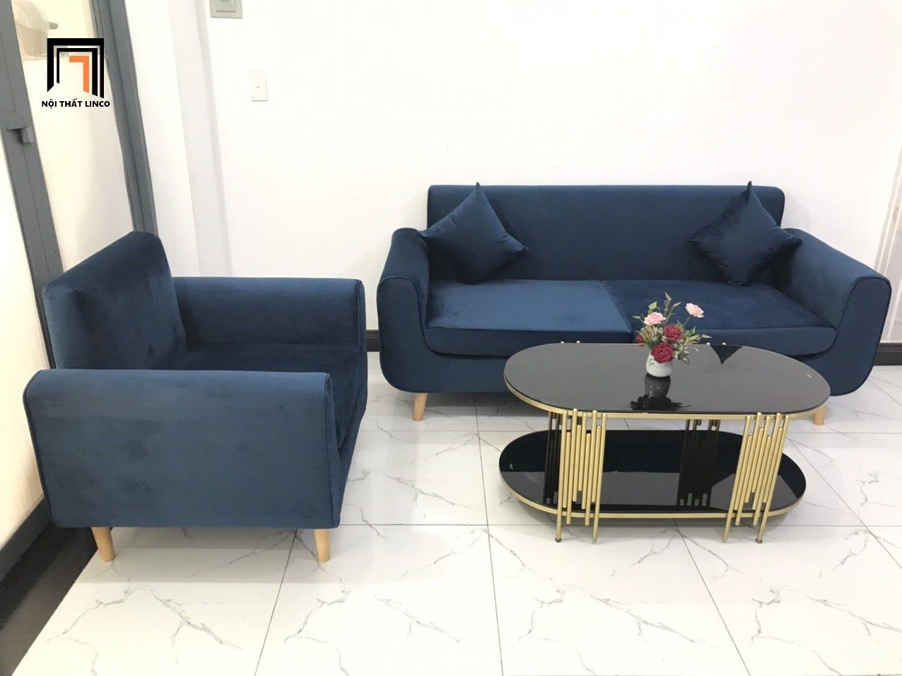  Bộ ghế sofa văn phòng làm việc KL1 Presa vải nhung xanh đậm 