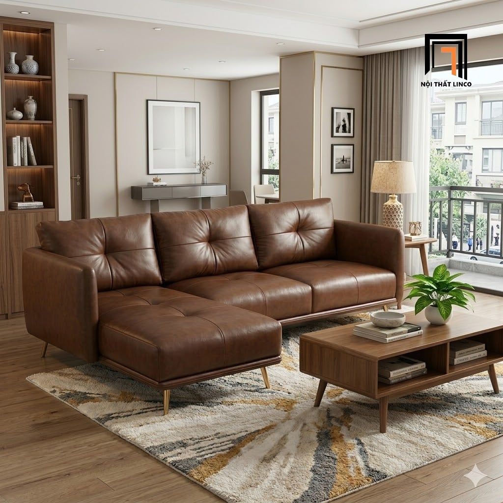  Bộ ghế sofa góc L da nâu GT288 Foia 2m2 x 1m5 chung cư nhỏ 