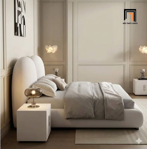 giường ngủ bọc vải nỉ trắng