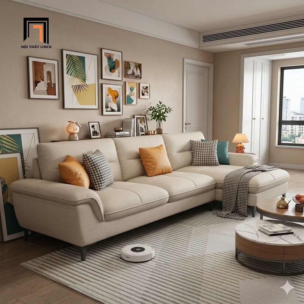  Bộ ghế sofa góc phòng khách GT279 Solyn 2m4 x 1m6 trắng kem 