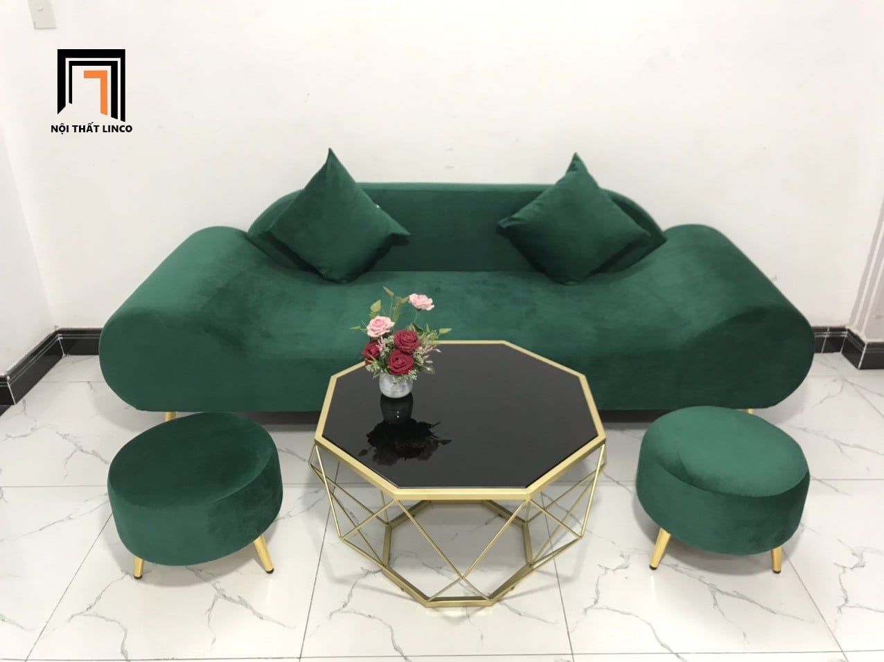  Bộ ghế sofa văng thuyền BL9 SFT 2m xanh lá trang trí tiệm shop 