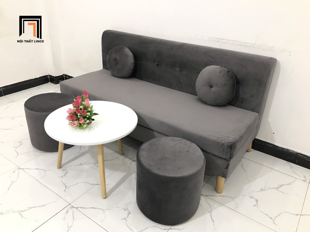  Bộ ghế sofa băng 1m7 BL8 BKT phòng khách xám đen vải nhung 