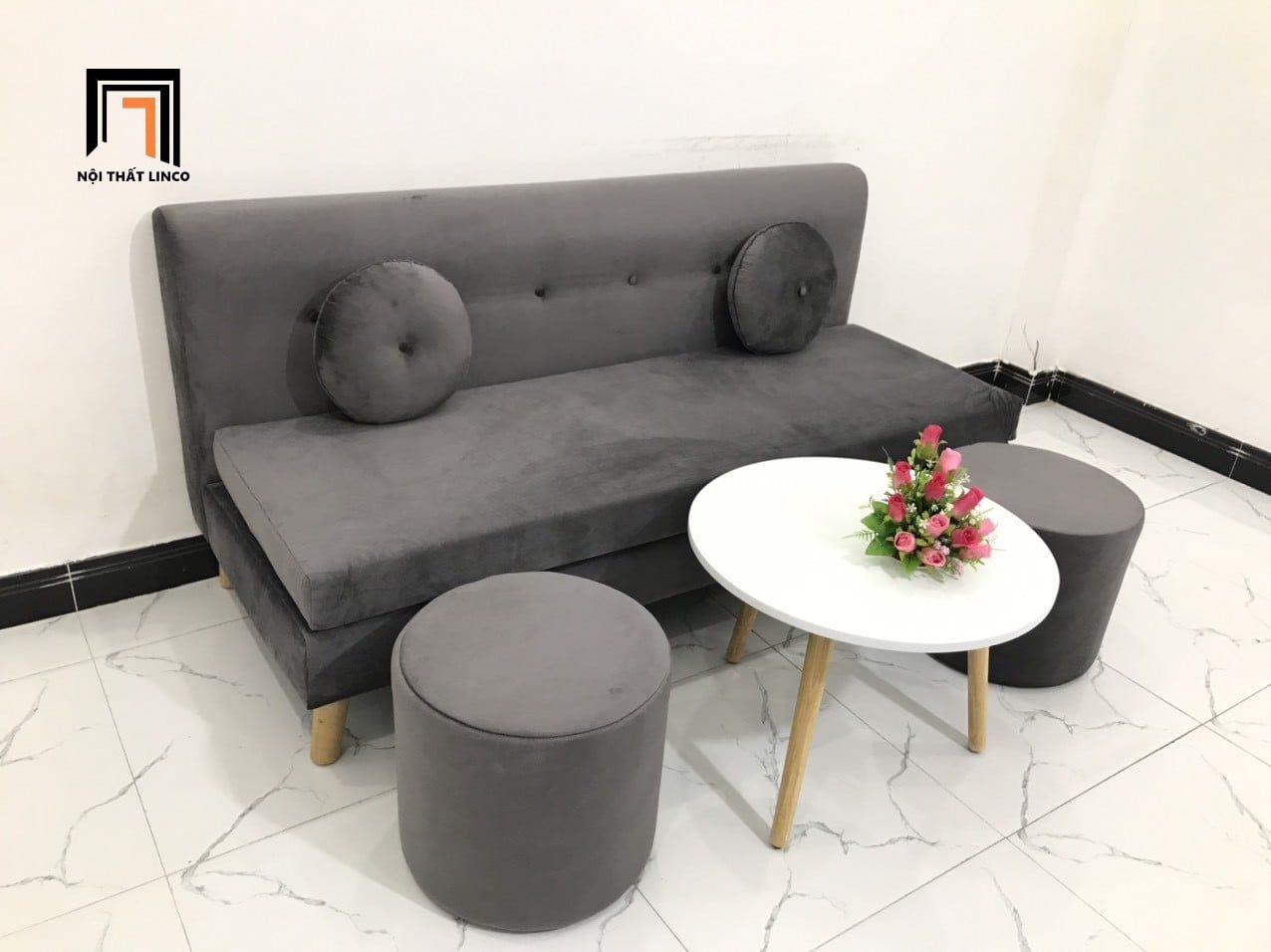  Bộ ghế sofa băng 1m7 BL8 BKT phòng khách xám đen vải nhung 