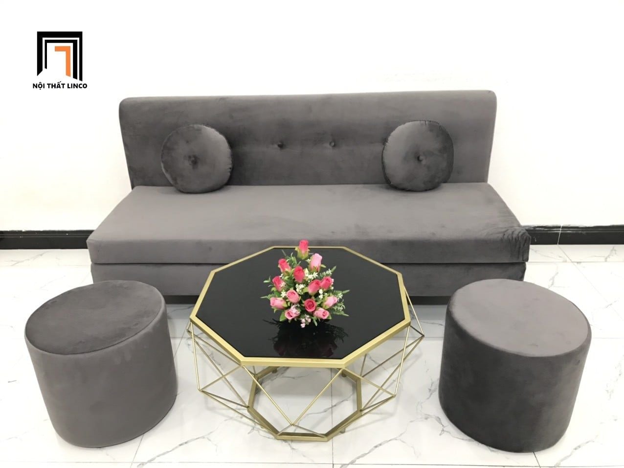  Bộ ghế sofa băng 1m7 BL8 BKT phòng khách xám đen vải nhung 
