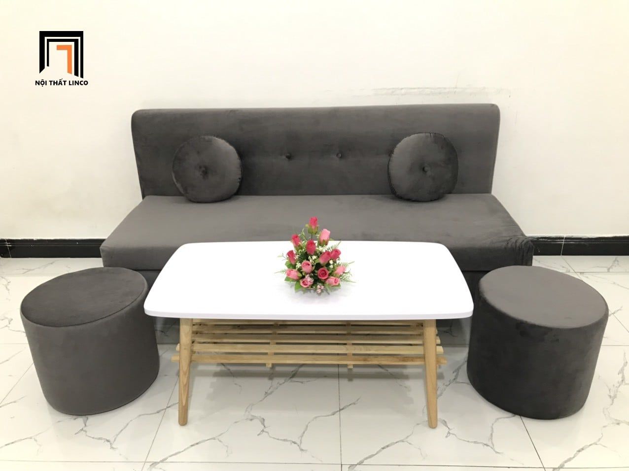  Bộ ghế sofa băng 1m7 BL8 BKT phòng khách xám đen vải nhung 