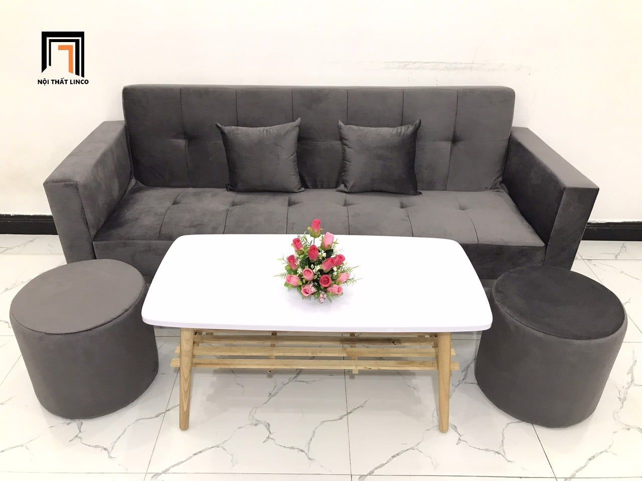  Bộ ghế sofa giường nằm dài 2m GBL2 xám lông chuột vải nhung 