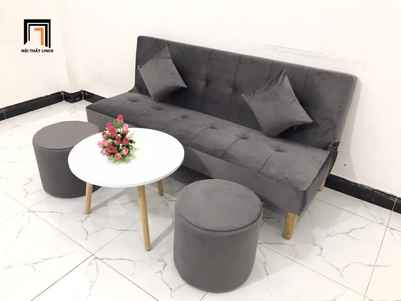  Bộ ghế sofa bed bật giường nằm GBL1 1m7 màu xám đen vải nhung 