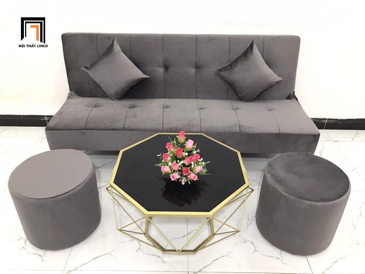  Bộ ghế sofa bed bật giường nằm GBL1 1m7 màu xám đen vải nhung 
