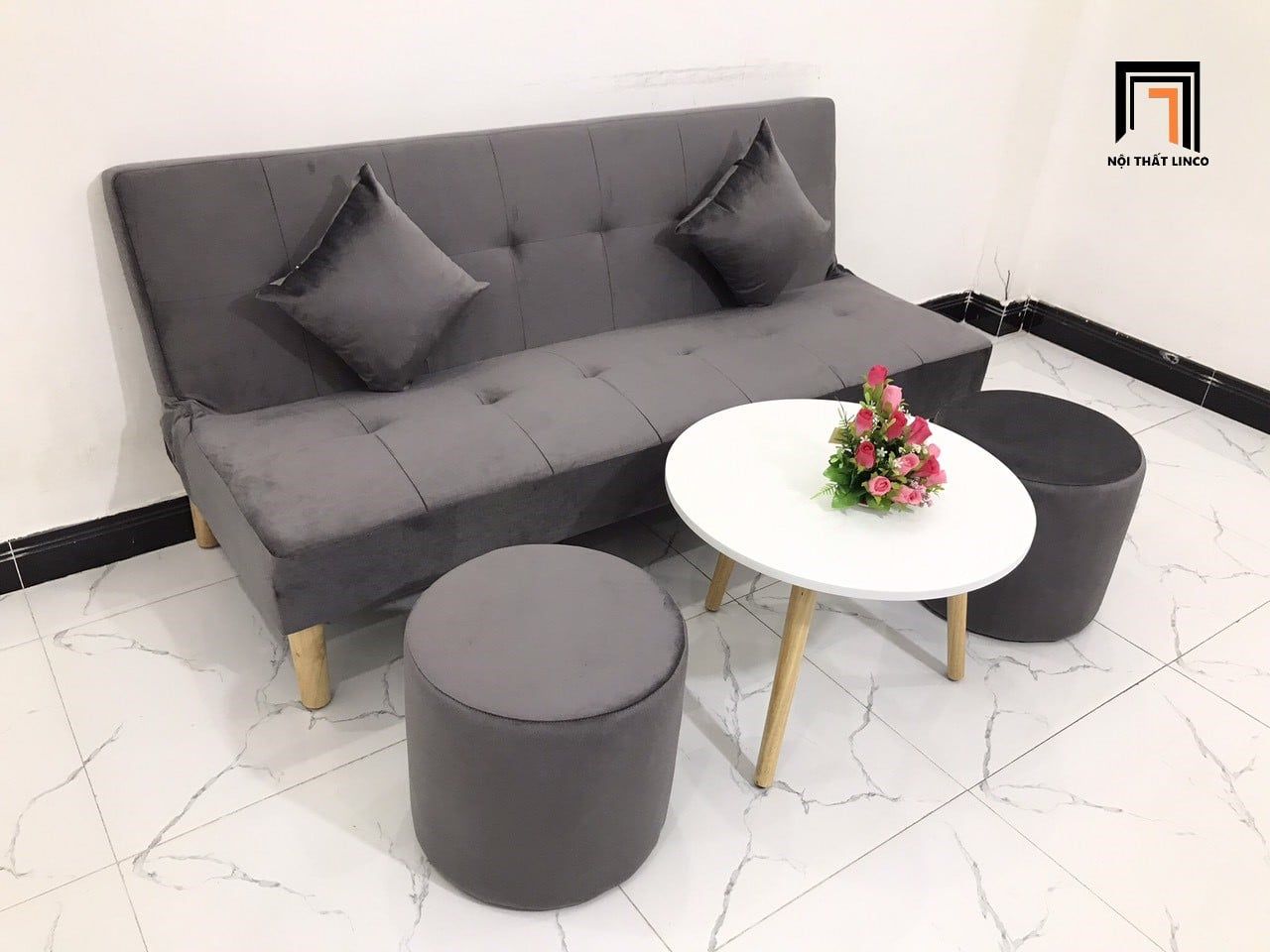  Bộ ghế sofa bed bật giường nằm GBL1 1m7 màu xám đen vải nhung 
