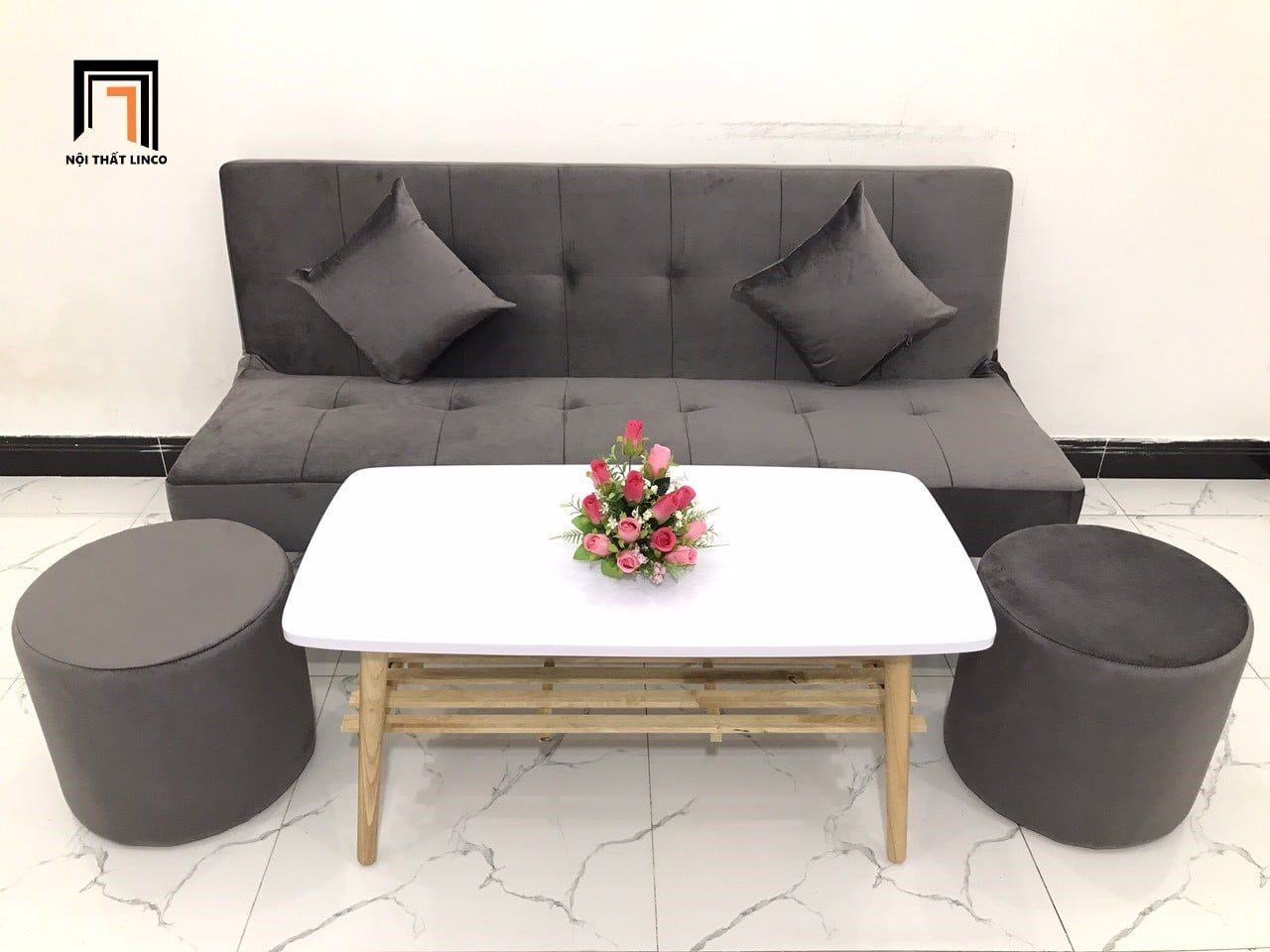  Bộ ghế sofa bed bật giường nằm GBL1 1m7 màu xám đen vải nhung 