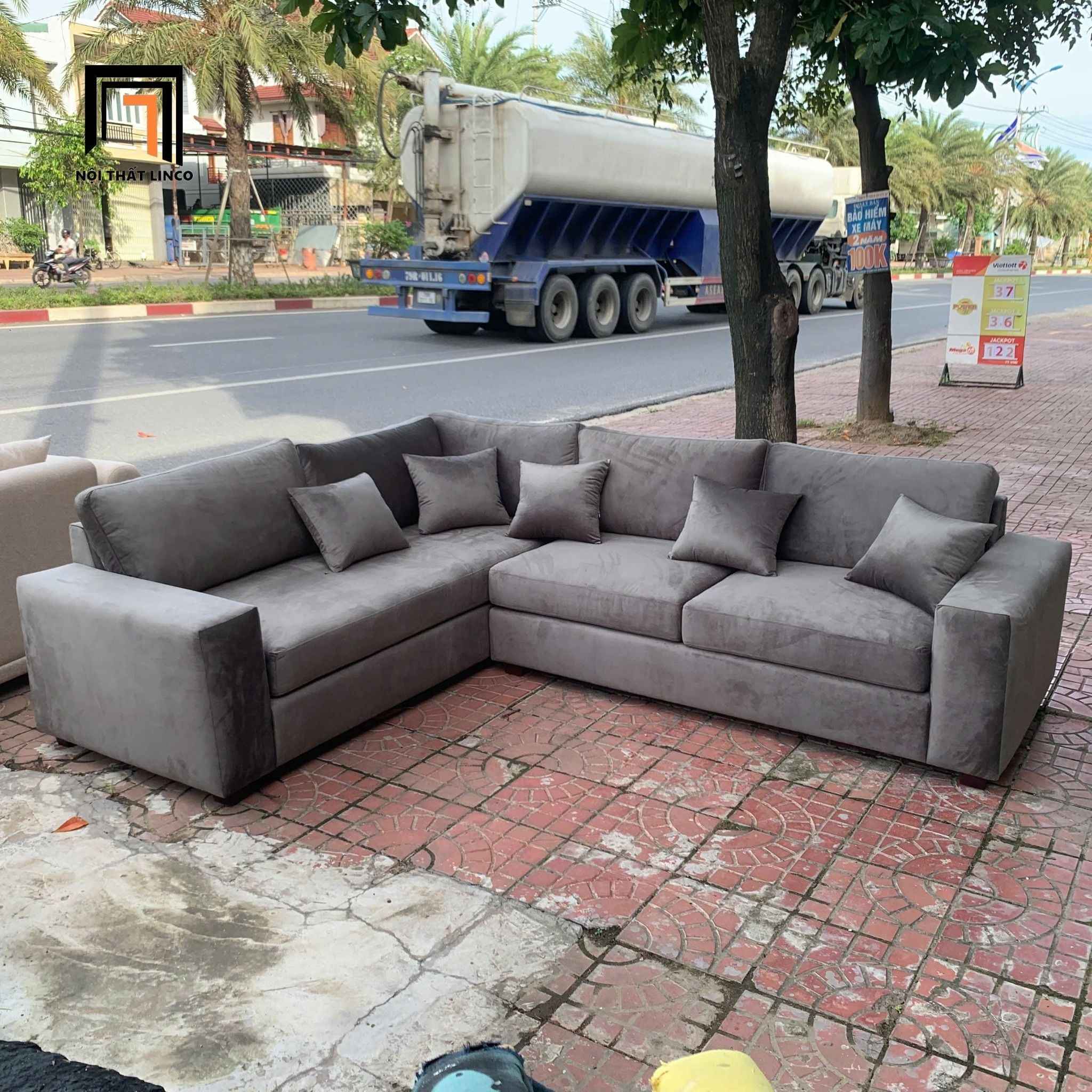  Ghế sofa góc chữ L 2m5 x 2m GT237 Panola vải nhung xám đậm 