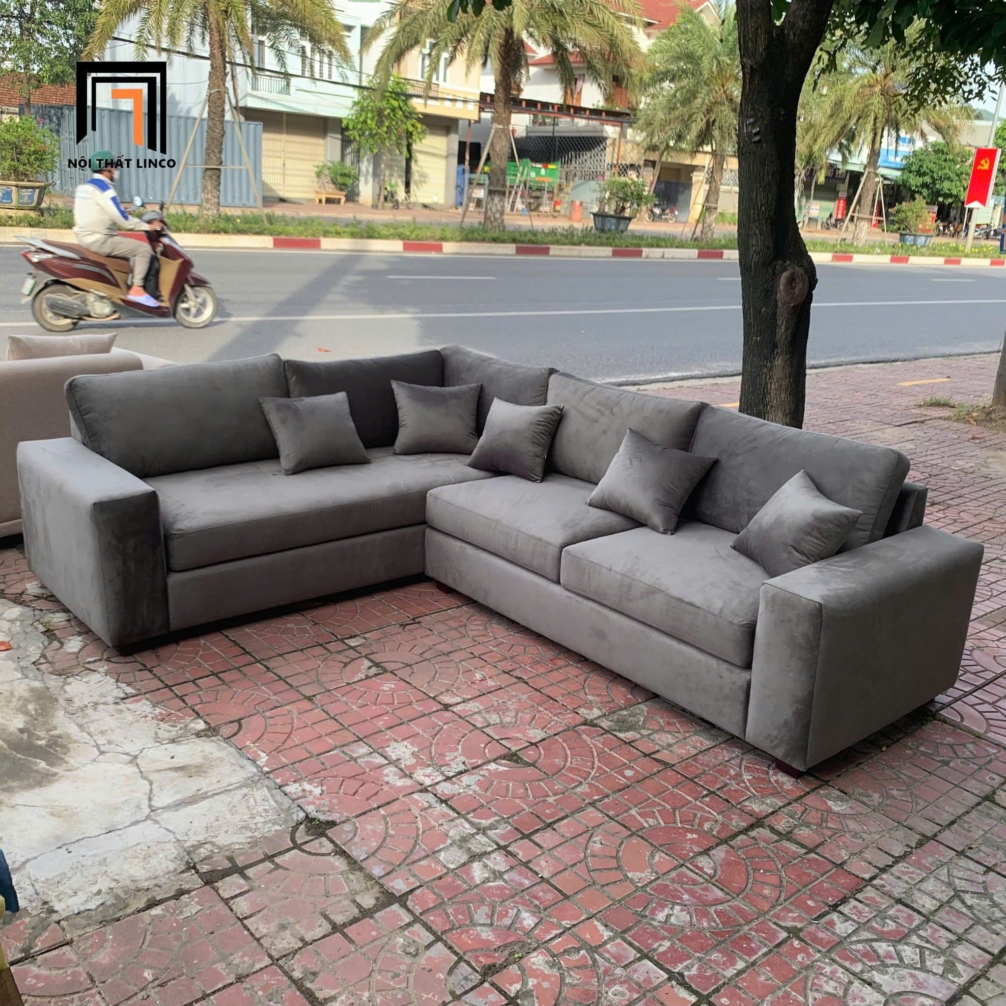  Ghế sofa góc chữ L 2m5 x 2m GT237 Panola vải nhung xám đậm 