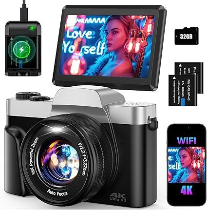 Máy ảnh kỹ thuật số 4K 64MP – Zoom 16X, Wi-Fi, Màn hình lật 180°