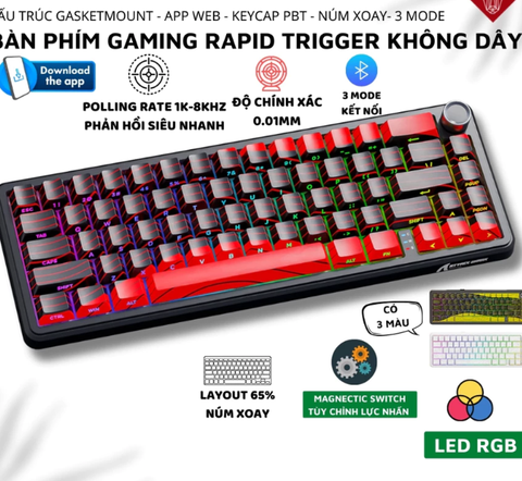 Bàn Phím Cơ Rapid Trigger Không Dây Ziyou Attack Shark X65HE PRO ( Red)