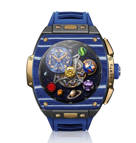 VERTU Watch S1 Finished Set Bespoke Gold Blue and White Carbon Fiber Navy Blue Strap
