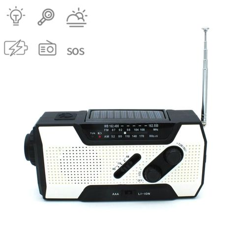 Tay quay đa năng Trắng – Đèn pin LED, năng lượng mặt trời, FM/NOAA, SOS khẩn cấp