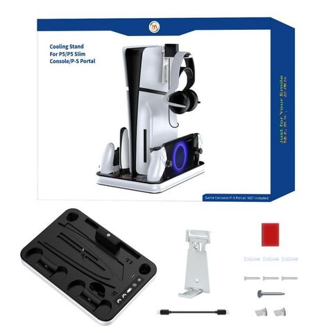 Trạm sạc màn hình JYS cho đế cắm tay cầm PS5/PS5 Slim/PS Portal Dual với quạt tản nhiệt và móc tai nghe