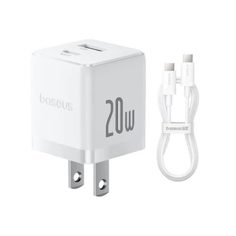 Bộ sạc nhanh Baseus Palm C+U 20W US (kèm cáp USB-C to USB-C 1m), Trắng