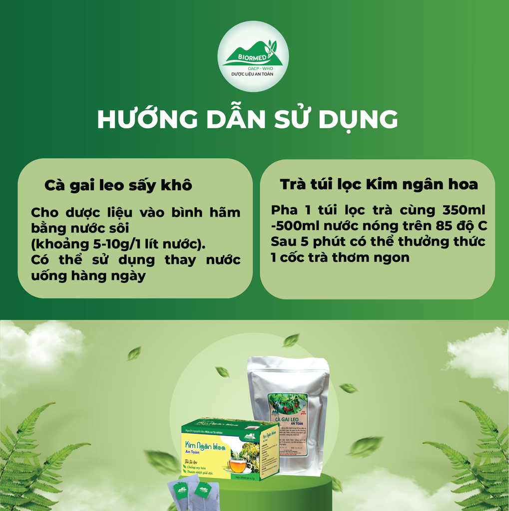 Combo Giải Độc Gan - Cà Gai Leo Sấy Khô & Trà Túi Lọc Kim Ngân Hoa An Toàn Biormed