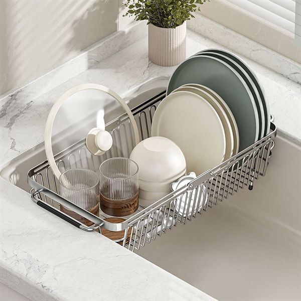 Rổ inox 304 đặt ngang bồn rửa kéo ra thu vào