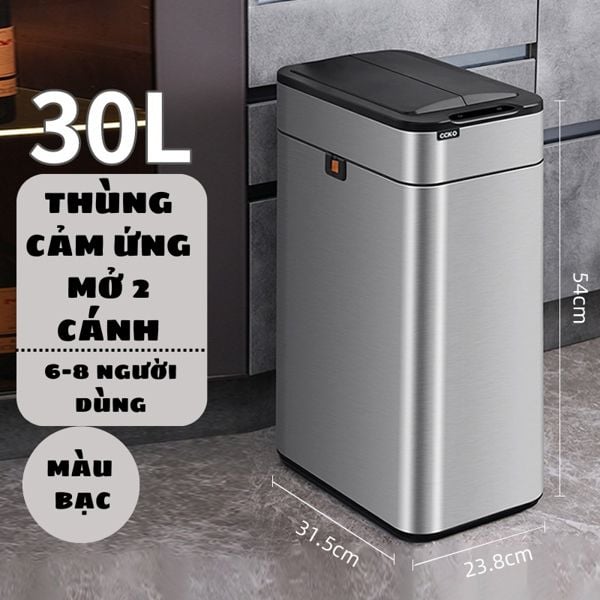 Thùng rác cảm ứng mở 2 cánh thế hệ mới CCKON MÀU BẠC