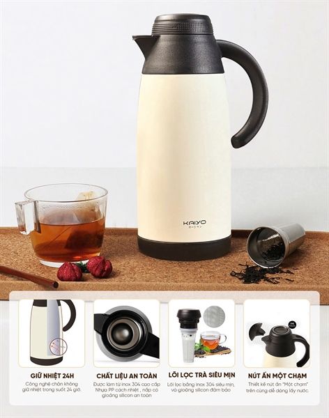 Phích pha trà giữ nhiệt 2 lớp inox có lõi lọc Kaiyo