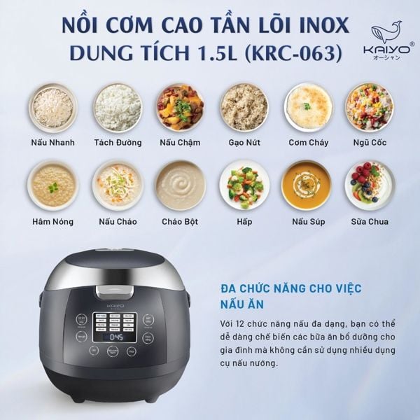 NỒI CƠM CAO TẦN TÁCH ĐƯỜNG LÕI INOX KAIYO, DUNG TÍCH 1,5L, MODEL KRC-063