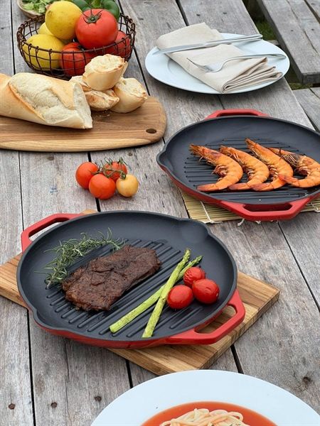 Chảo gang nướng Oceno 26cm màu đỏ