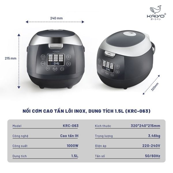 NỒI CƠM CAO TẦN TÁCH ĐƯỜNG LÕI INOX KAIYO, DUNG TÍCH 1,5L, MODEL KRC-063