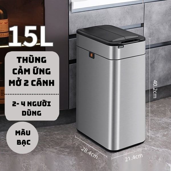 Thùng rác cảm ứng mở 2 cánh thế hệ mới CCKON MÀU BẠC