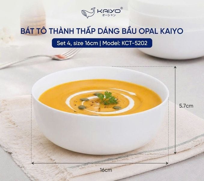 Set 4 bát tô đa năng thành thấp opal Kaiyo 16cm (KCT-5202)