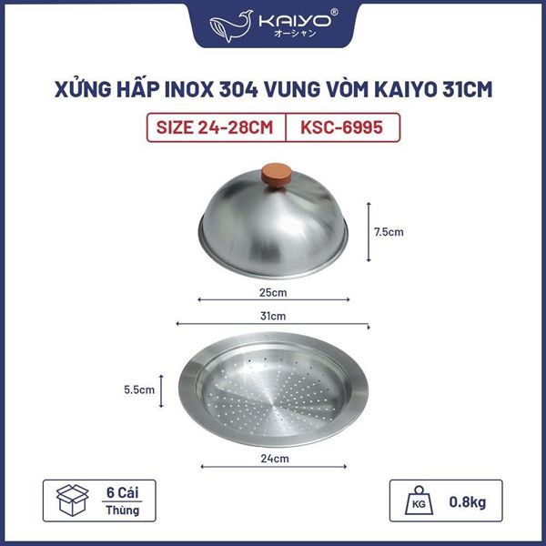 Xửng hấp inox 304 vung vòm Kaiyo 31cm