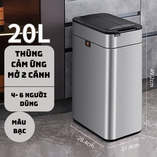 Thùng rác cảm ứng mở 2 cánh thế hệ mới CCKON MÀU BẠC