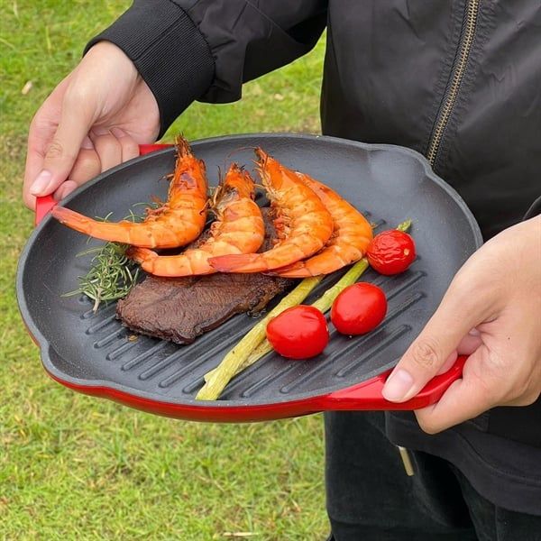 Chảo gang nướng Oceno 26cm màu đỏ