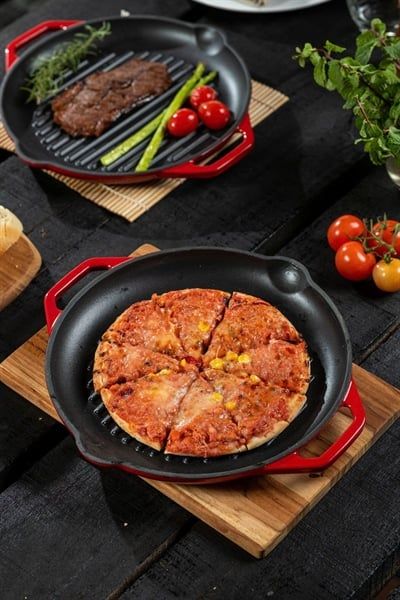 Chảo gang nướng Oceno 26cm màu đỏ