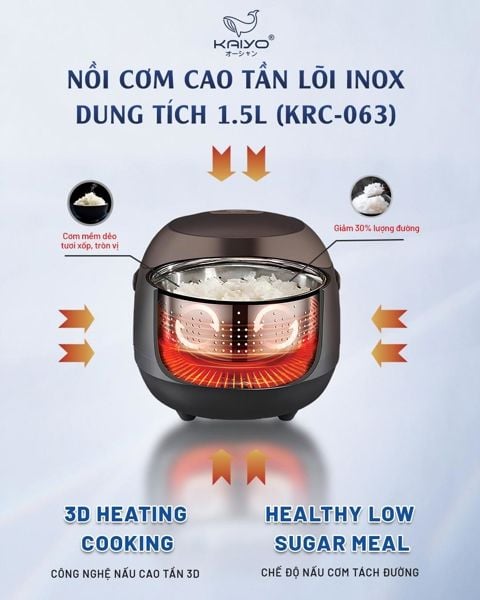 NỒI CƠM CAO TẦN TÁCH ĐƯỜNG LÕI INOX KAIYO, DUNG TÍCH 1,5L, MODEL KRC-063