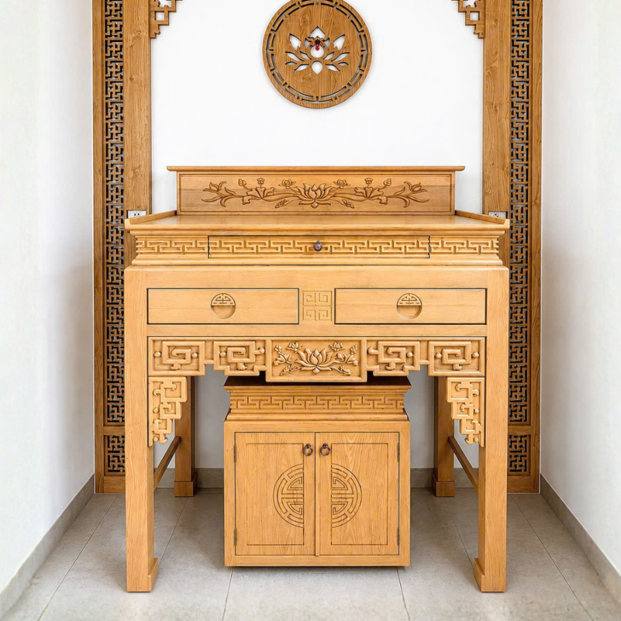 Bàn thờ gia tiên gỗ sồi 2 tầng chạm triện kèm tủ NH114