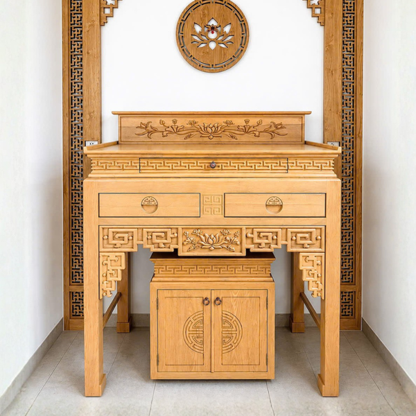  Bàn thờ gia tiên gỗ sồi 2 tầng chạm triện kèm tủ NH114 