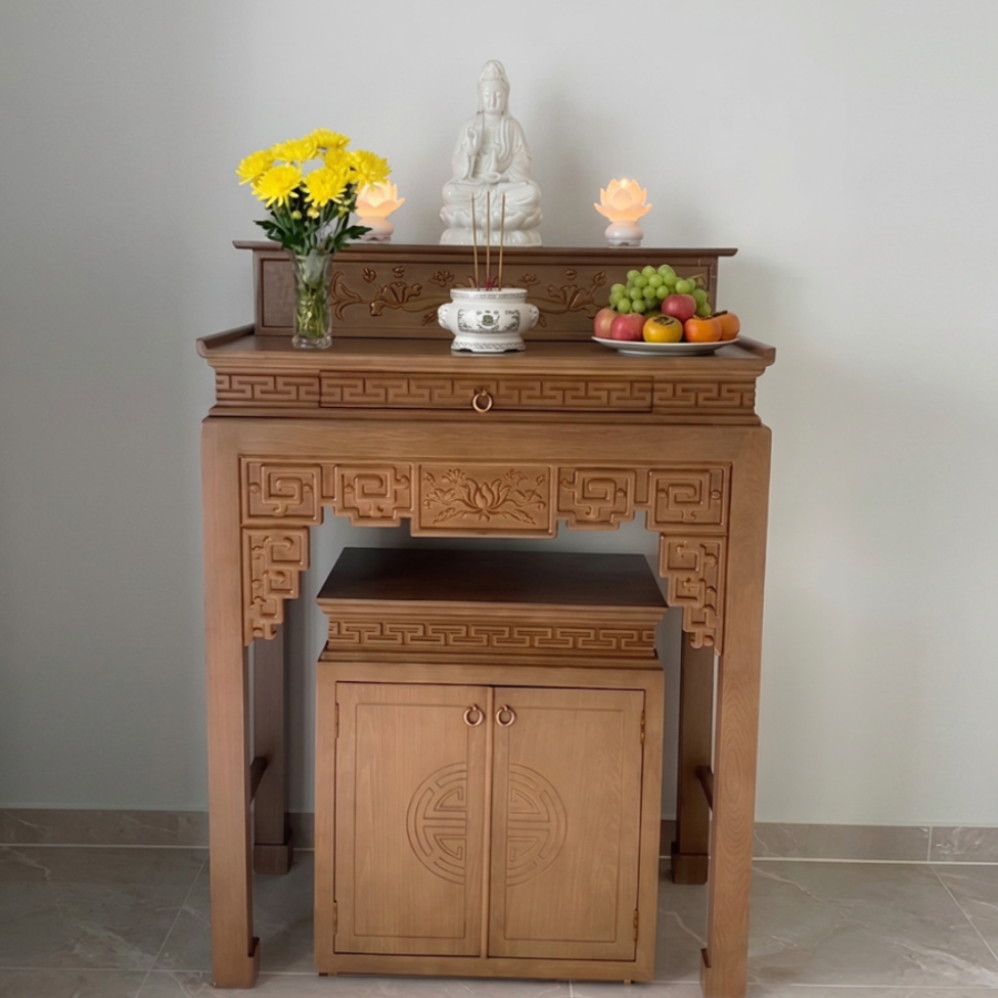 Bàn thờ Phật gỗ sồi 2 tầng chạm sen kèm tủ NH107