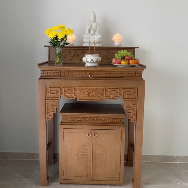  Bàn thờ Phật gỗ sồi 2 tầng chạm sen kèm tủ NH107 