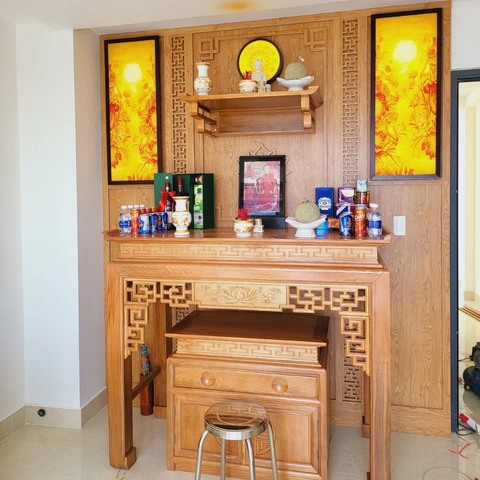 Bàn thờ gia tiên kết hợp thờ Phật gỗ sồi có tủ NH119