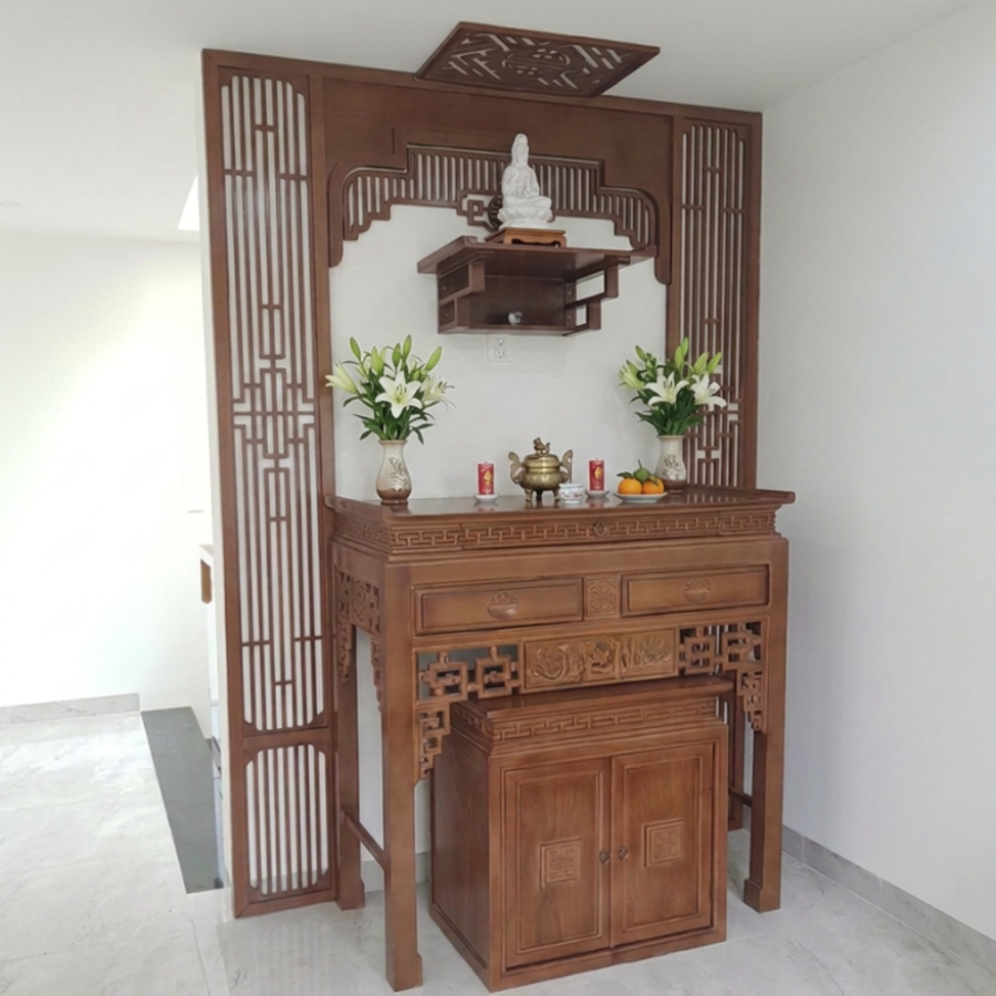 Bàn thờ gia tiên kết hợp bàn thờ Phật treo tường gỗ sồi NH101