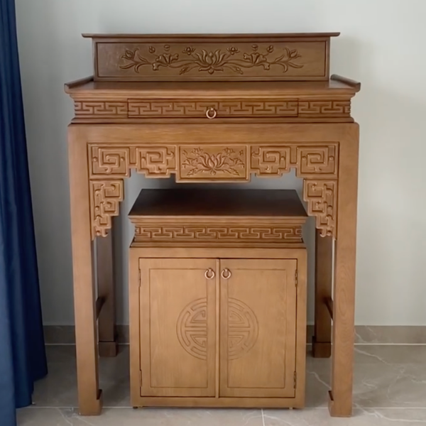  Bàn thờ Phật gỗ sồi 2 tầng chạm sen kèm tủ NH107 