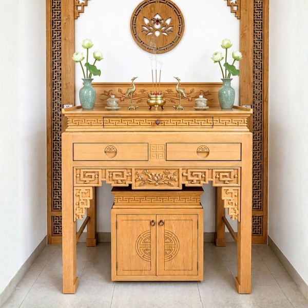  Bàn thờ gia tiên gỗ sồi 2 tầng chạm triện kèm tủ NH114 