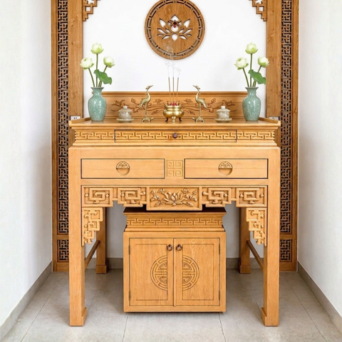 Bàn thờ gia tiên gỗ sồi 2 tầng chạm triện kèm tủ NH114
