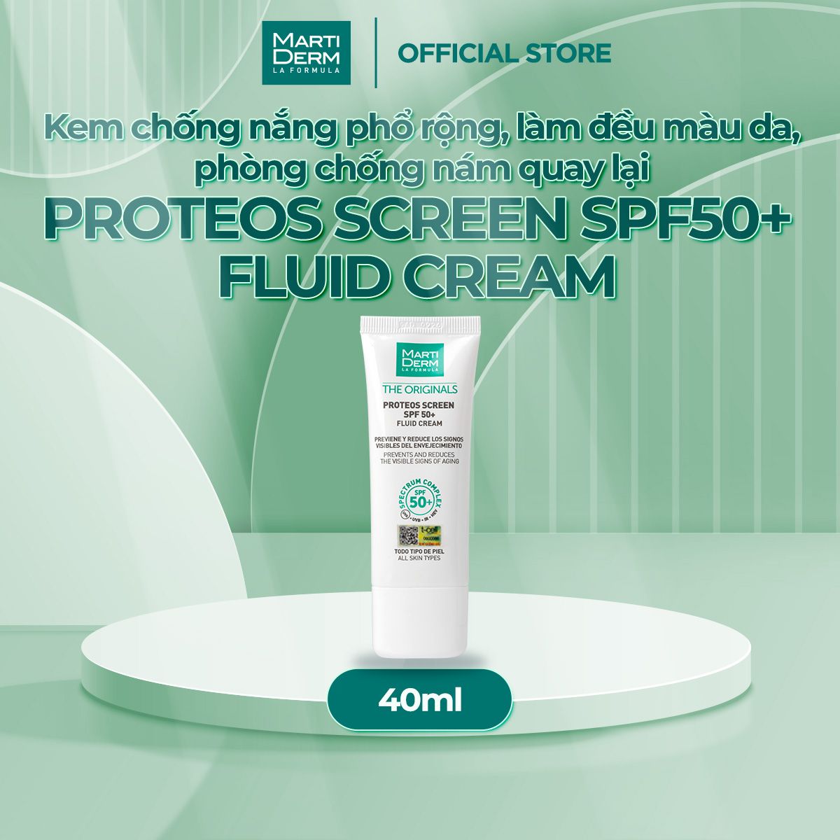  Kem chống nắng phổ rộng, làm đều màu da, ngừa lão hoá, phòng chống nám quay lại - MartiDerm The Originals Proteos Screen SPF50+ Fluid Cream (40ml) 