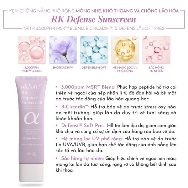  [MỚI RA MẮT] Kem chống nắng phổ rộng mỏng nhẹ, khô thoáng và chống lão hóa oh!oh! RK Defense Sunscreen (with 3,000ppm MSR™ Blend, B-Circadin™ & Defensil®-Soft Pres) 